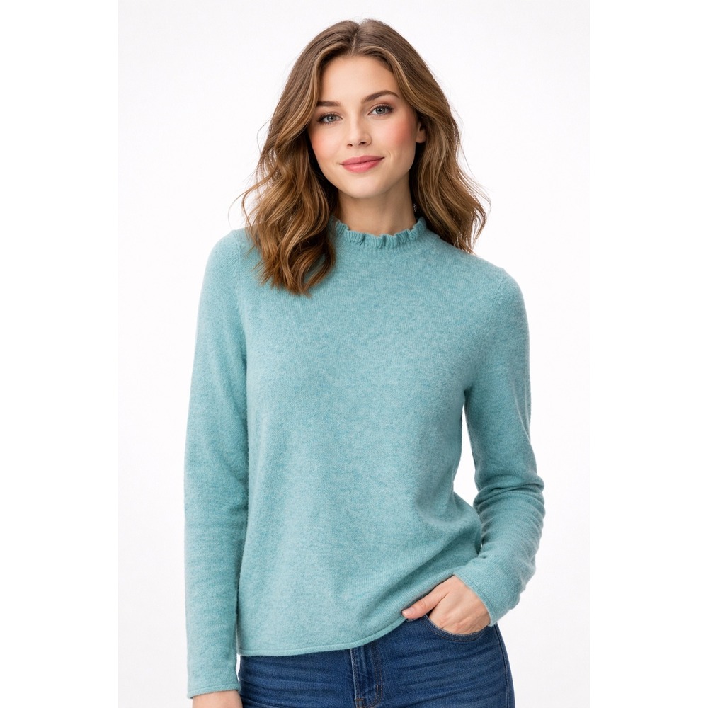 Lilla‎ P Cashmere Sweater Womens S Aqua Blue Ruffle Mock Neck Long Sleeve Knit